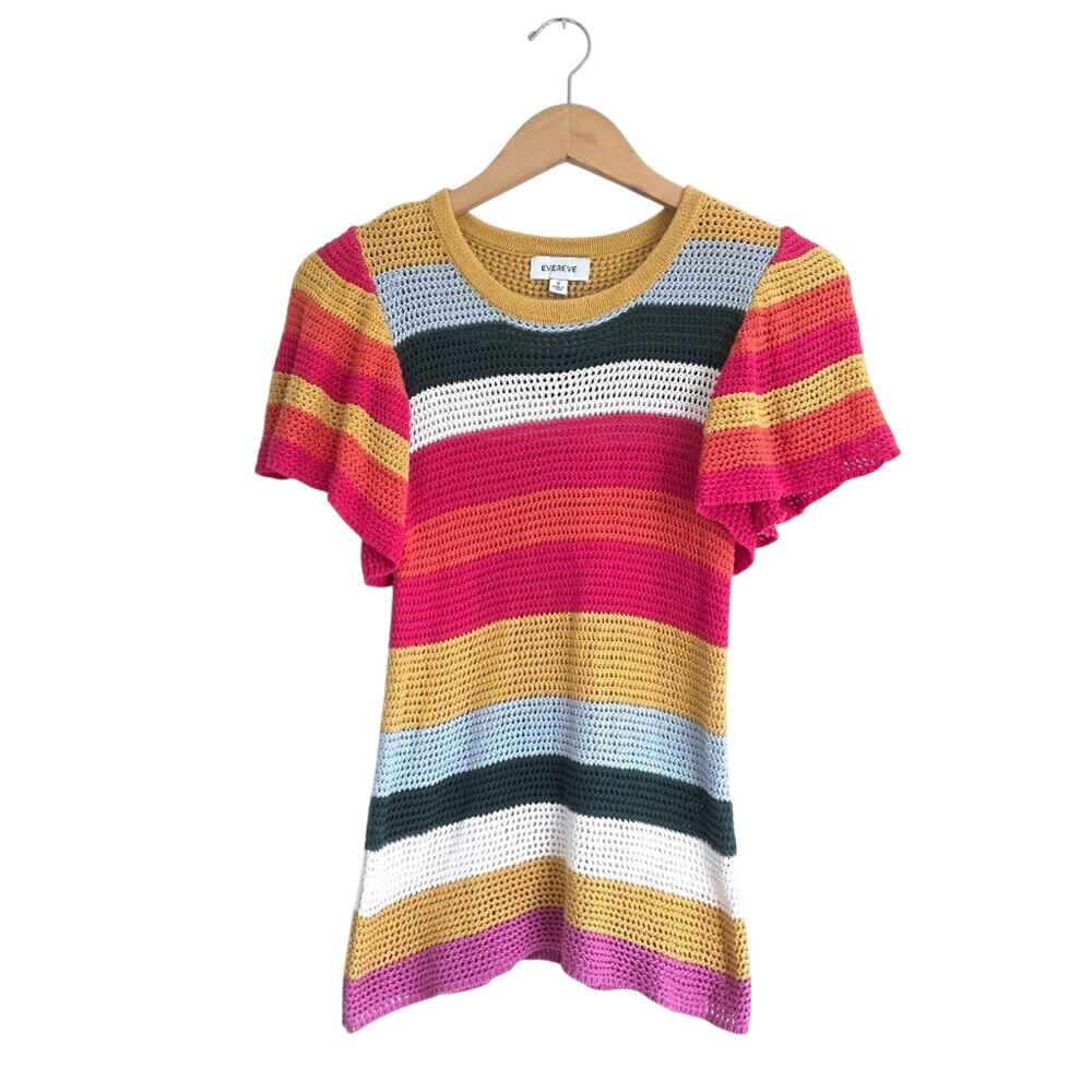Evereve 100% Cotton Crochet Knit Striped Top Small Flutter Sleeve Boho Hippie